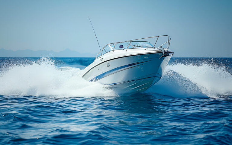 Ein weißes Motorboot rast über einen ruhigen blauen Ozean und erzeugt eine Spur aus weißen, schaumigen Wellen. Im Hintergrund sind der klare Himmel und die ferne, dunstige Bergkette zu sehen.